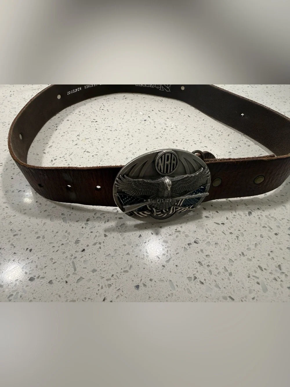 Vintage 1994 Nocona Brown Leather Belt 3D Eagle NRA Flag & Rifle Buckle 12 Gauge